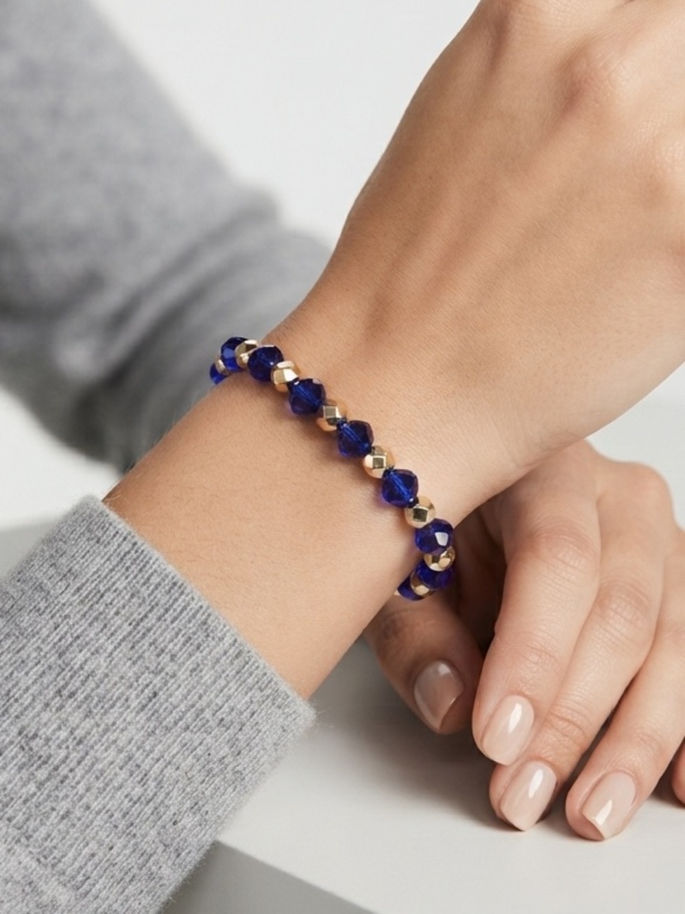 Royal Blue Beaded Bracelet | Adjustable Gold Tone Crystal Bracelet